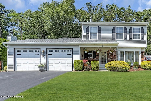 8 Yellowstone Ln, Howell, NJ 07731 - traditional-style house featuring driveway, a front yard, an attached garage, covered porch, and a chimney