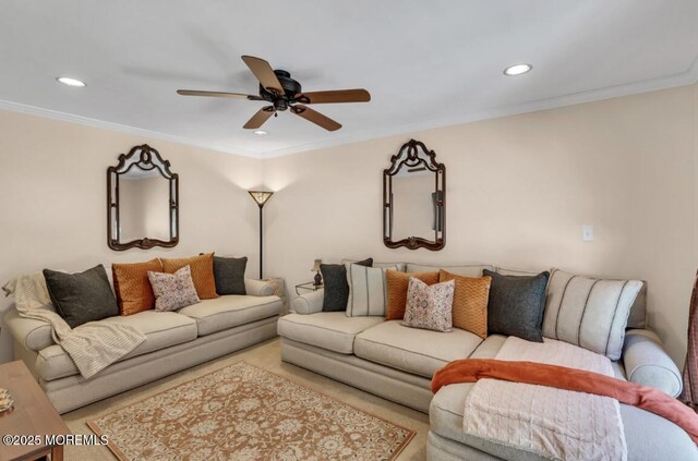 8 Yellowstone Ln, Howell, NJ 07731 - living area with a ceiling fan, recessed lighting, and ornamental molding