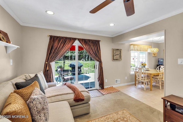 8 Yellowstone Ln, Howell, NJ 07731 - living area featuring ceiling fan, light colored carpet, recessed lighting, ornamental molding, and light tile patterned floors