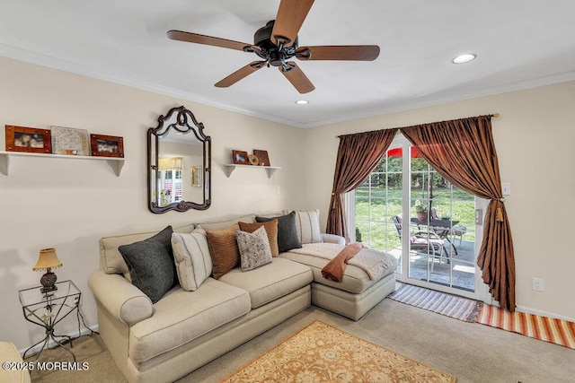 8 Yellowstone Ln, Howell, NJ 07731 - living area featuring light carpet, a ceiling fan, recessed lighting, and crown molding
