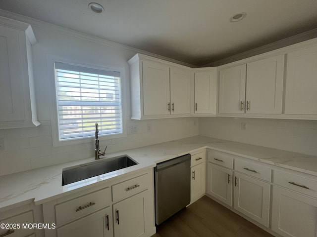 191 US Highway 9 Unit 14, Englishtown, NJ 07726 - kitchen with stainless steel dishwasher, backsplash, white cabinetry, dark wood-style flooring, and crown molding
