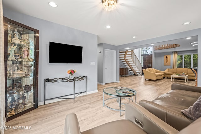 7 Wallace Ave, Oakhurst, NJ 07755 - living room featuring stairway, wood finished floors, and recessed lighting