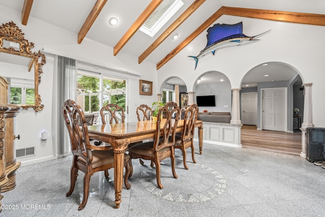 7 Wallace Ave, Oakhurst, NJ 07755 - dining room with ornate columns, granite floors, beamed ceiling, high vaulted ceiling, and recessed lighting