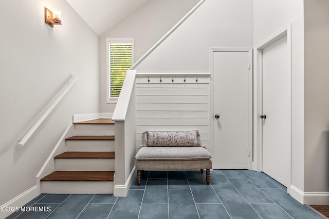 50 Lenape Trl, Tinton Falls, NJ 07724 - stairway with tile patterned floors and vaulted ceiling
