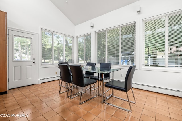460 Runyan Ave, Deal, NJ 07723 - sunroom with baseboard heating, tile patterned flooring, and high vaulted ceiling