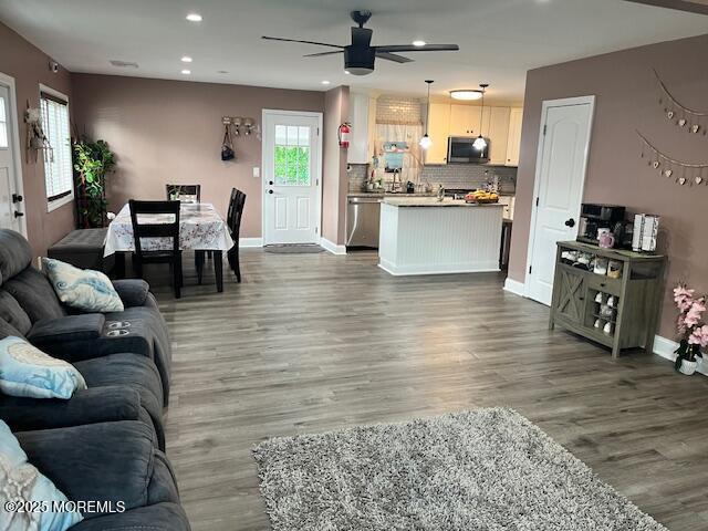 304 Palmer Ave, Neptune Township, NJ 07753 - living room featuring ceiling fan, recessed lighting, and wood finished floors