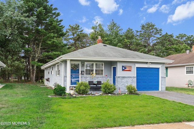 410 Jamaica Blvd, Toms River, NJ 08757 - view of front facade featuring an attached garage, a chimney, a front yard, asphalt driveway, and covered porch