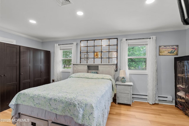 410 Jamaica Blvd, Toms River, NJ 08757 - bedroom with multiple windows, a baseboard radiator, ornamental molding, light wood finished floors, and recessed lighting