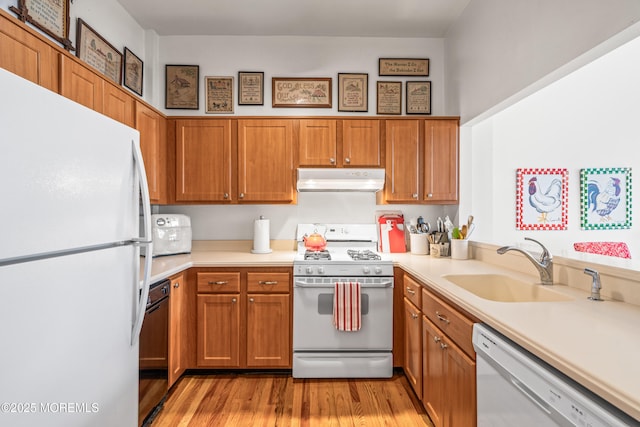 4 Ocean Ave Unit 5, Ocean Grove, NJ 07756 - kitchen featuring white appliances, under cabinet range hood, light countertops, light wood-style flooring, and brown cabinets