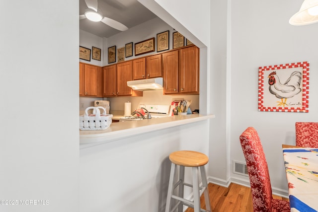 4 Ocean Ave Unit 5, Ocean Grove, NJ 07756 - kitchen featuring under cabinet range hood, brown cabinets, light wood finished floors, a breakfast bar, and light countertops
