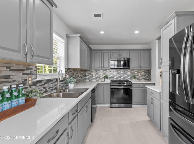 9 Nutmeg Ct, Tinton Falls, NJ 07753 - kitchen featuring appliances with stainless steel finishes, gray cabinets, decorative backsplash, recessed lighting, and light wood-type flooring