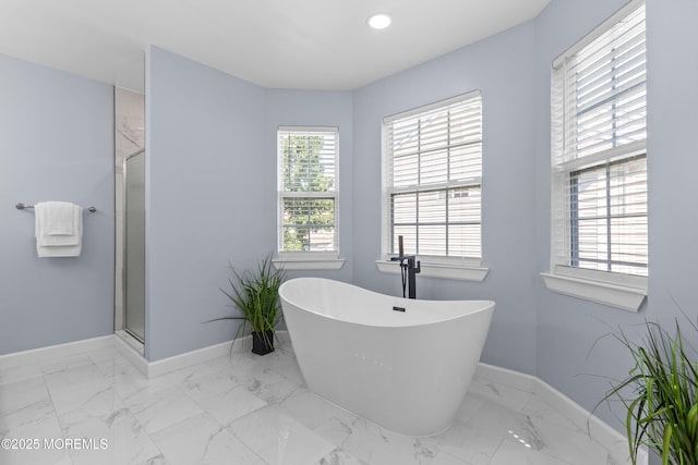 9 Nutmeg Ct, Tinton Falls, NJ 07753 - full bathroom with a freestanding bath, a shower stall, marble look tile flooring, and recessed lighting