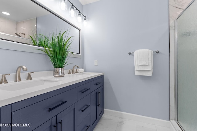 9 Nutmeg Ct, Tinton Falls, NJ 07753 - bathroom with double vanity, a stall shower, and marble finish floors