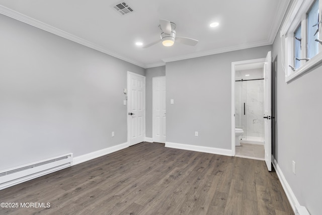 163 Courtshire Dr, Brick, NJ 08723 - unfurnished bedroom with a baseboard heating unit, ornamental molding, dark wood-style flooring, recessed lighting, and connected bathroom