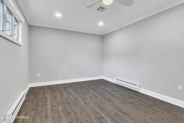 163 Courtshire Dr, Brick, NJ 08723 - unfurnished room with baseboard heating, ceiling fan, dark wood-type flooring, ornamental molding, and recessed lighting