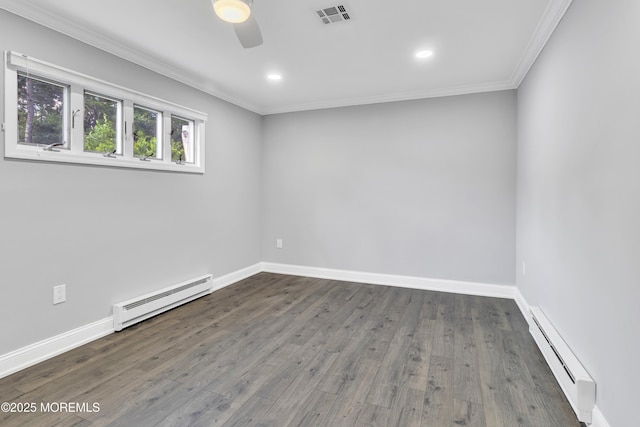 163 Courtshire Dr, Brick, NJ 08723 - empty room with a baseboard radiator, ceiling fan, ornamental molding, wood finished floors, and recessed lighting