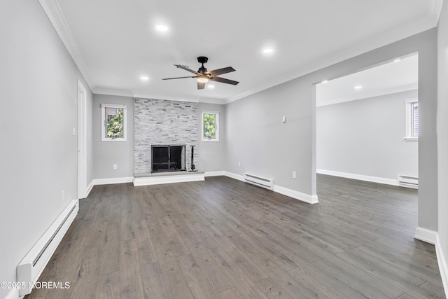 163 Courtshire Dr, Brick, NJ 08723 - unfurnished living room with a baseboard heating unit, a ceiling fan, crown molding, recessed lighting, and dark wood-style flooring