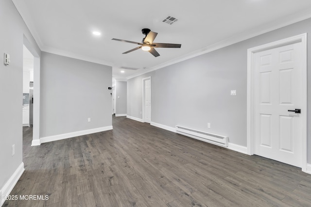 163 Courtshire Dr, Brick, NJ 08723 - empty room featuring baseboard heating, ceiling fan, ornamental molding, dark wood-style flooring, and recessed lighting