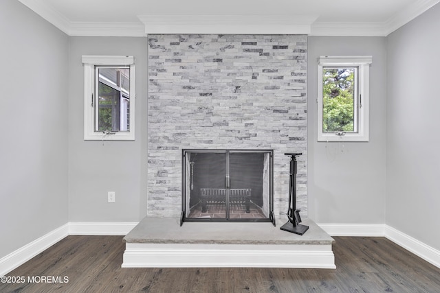 163 Courtshire Dr, Brick, NJ 08723 - detailed view of a fireplace, wood finished floors, and ornamental molding