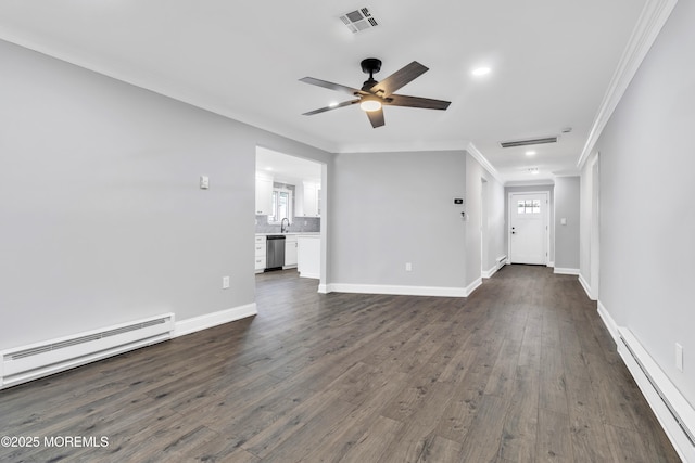 163 Courtshire Dr, Brick, NJ 08723 - unfurnished living room with a baseboard heating unit, baseboard heating, ornamental molding, a ceiling fan, and dark wood finished floors