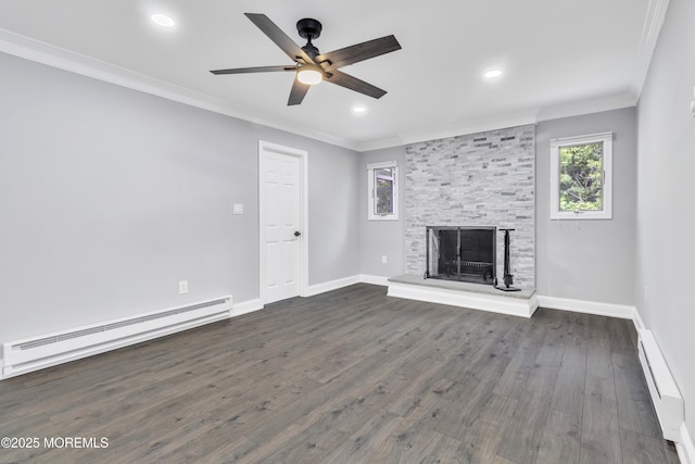 163 Courtshire Dr, Brick, NJ 08723 - unfurnished living room with baseboard heating, a ceiling fan, a fireplace, ornamental molding, and dark wood finished floors
