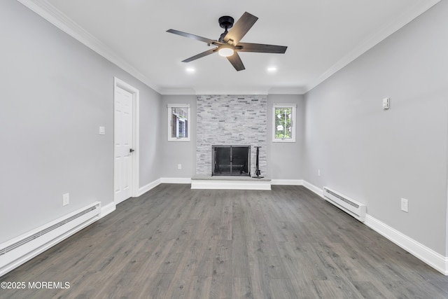 163 Courtshire Dr, Brick, NJ 08723 - unfurnished living room featuring a baseboard radiator, a ceiling fan, crown molding, a fireplace, and dark wood-type flooring