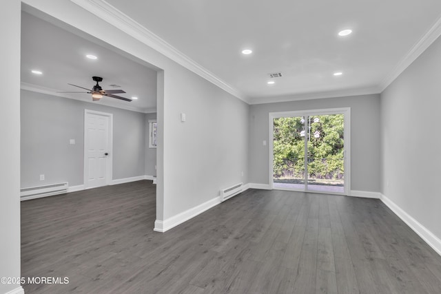 163 Courtshire Dr, Brick, NJ 08723 - empty room with a baseboard radiator, recessed lighting, dark wood finished floors, ceiling fan, and crown molding