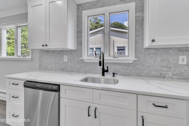 163 Courtshire Dr, Brick, NJ 08723 - kitchen featuring stainless steel dishwasher, white cabinets, backsplash, light stone countertops, and crown molding