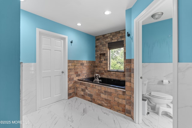 2262 Allenwood Rd, Allenwood, NJ 08720 - bathroom featuring a bath, marble finish floors, recessed lighting, a bidet, and tile walls