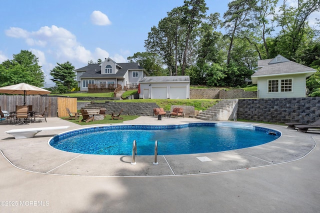 2262 Allenwood Rd, Allenwood, NJ 08720 - view of swimming pool featuring stairway, an outbuilding, a patio area, and a diving board