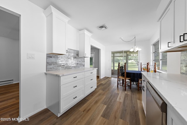 117 Clay Cir, Brick, NJ 08724 - kitchen featuring dishwasher, tasteful backsplash, a chandelier, dark wood-type flooring, and white cabinetry
