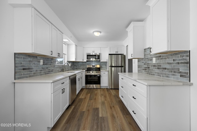117 Clay Cir, Brick, NJ 08724 - kitchen featuring stainless steel appliances, dark wood-type flooring, backsplash, white cabinetry, and light stone countertops