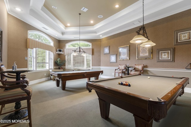 428 Sophee Ln, Lakewood, NJ 08701 - playroom featuring pool table, crown molding, carpet floors, a raised ceiling, and recessed lighting