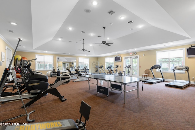 428 Sophee Ln, Lakewood, NJ 08701 - exercise room with a raised ceiling, carpet floors, recessed lighting, ceiling fan, and ornamental molding