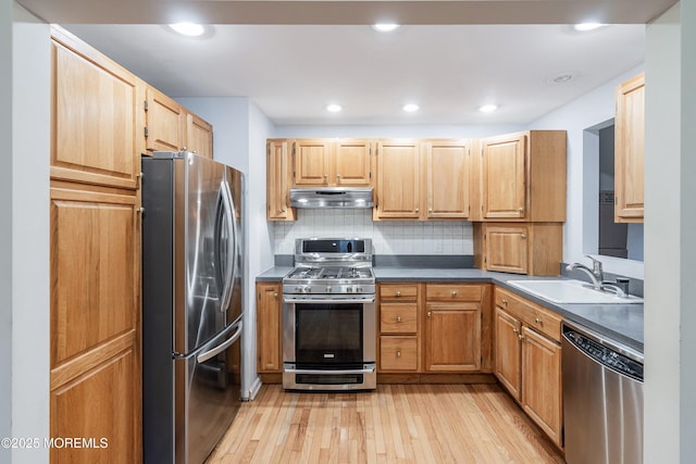 281 Hance Rd, Fair Haven, NJ 07704 - kitchen featuring stainless steel appliances, under cabinet range hood, light wood finished floors, decorative backsplash, and dark countertops