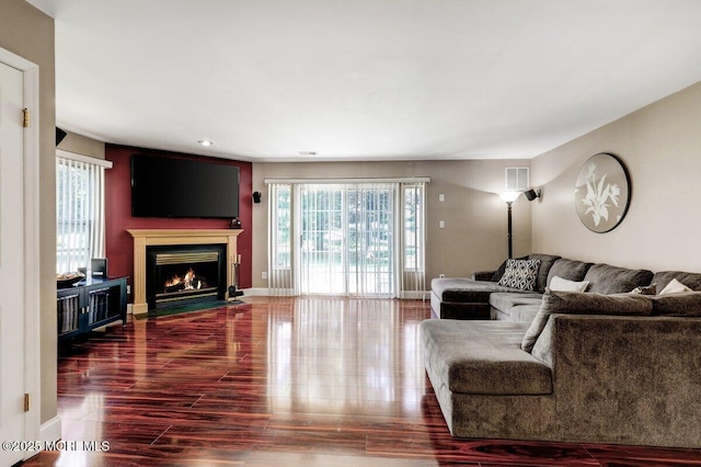 53 Grassmere Ct Unit 1, Freehold, NJ 07728 - living area with a fireplace with flush hearth, wood finished floors, and recessed lighting