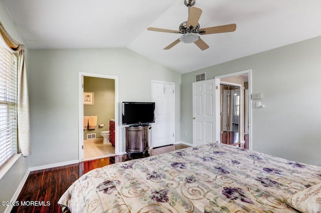 53 Grassmere Ct Unit 1, Freehold, NJ 07728 - bedroom featuring wood finished floors, vaulted ceiling, ensuite bathroom, and a ceiling fan