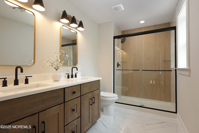 127 Rogers St, Bayville, NJ 08721 - full bath with double vanity, a stall shower, marble finish floors, and recessed lighting