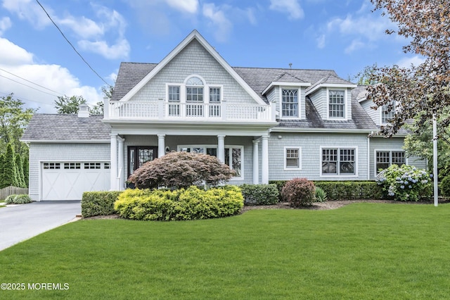 20 Wardell Ave, Rumson, NJ 07760 - shingle-style home with a balcony, a front yard, concrete driveway, and a garage