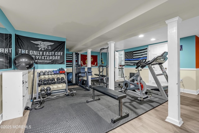 20 Wardell Ave, Rumson, NJ 07760 - exercise room featuring wood finished floors, ornate columns, and recessed lighting