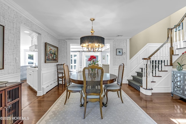 20 Wardell Ave, Rumson, NJ 07760 - dining area featuring a chandelier, dark wood-style floors, stairs, wallpapered walls, and a decorative wall
