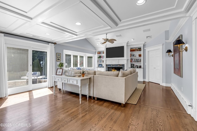20 Wardell Ave, Rumson, NJ 07760 - living room with a ceiling fan, a warm lit fireplace, wood finished floors, built in features, and coffered ceiling