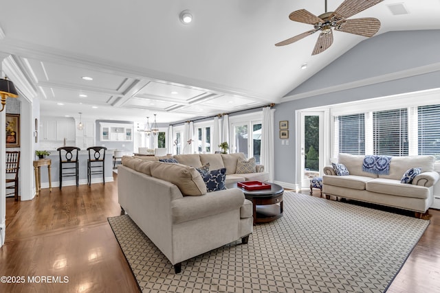 20 Wardell Ave, Rumson, NJ 07760 - living area featuring recessed lighting, wood finished floors, ceiling fan, lofted ceiling, and a chandelier
