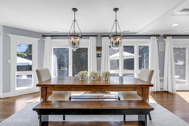 20 Wardell Ave, Rumson, NJ 07760 - dining space featuring a chandelier, wood finished floors, and beam ceiling