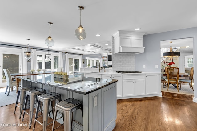 20 Wardell Ave, Rumson, NJ 07760 - kitchen with recessed lighting, dark wood-style flooring, custom range hood, a chandelier, and white cabinets
