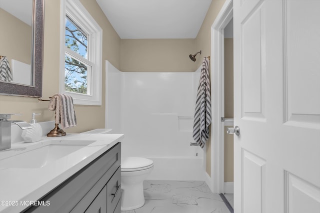 1066 Windlass Dr, Manahawkin, NJ 08050 - bathroom featuring vanity, marble finish floors, and bathing tub / shower combination