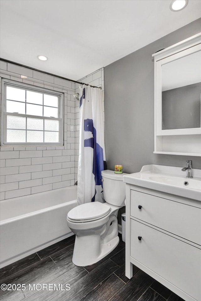 25 Forman Ln, Manalapan, NJ 07726 - full bathroom with vanity, shower / bathtub combination with curtain, recessed lighting, and wood tiled floors