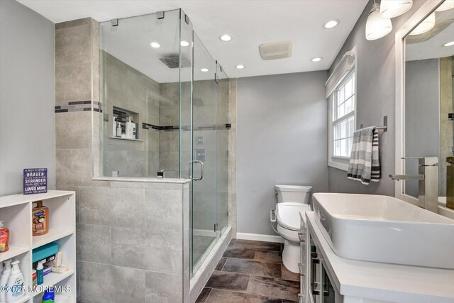 25 Forman Ln, Manalapan, NJ 07726 - bathroom featuring a shower stall, recessed lighting, and vanity