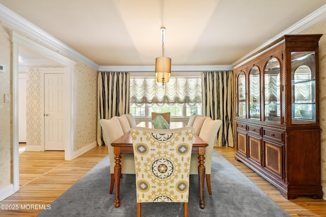 7 Lorraine Ct, East Brunswick, NJ 08816 - dining room with crown molding, light wood-style floors, and wallpapered walls