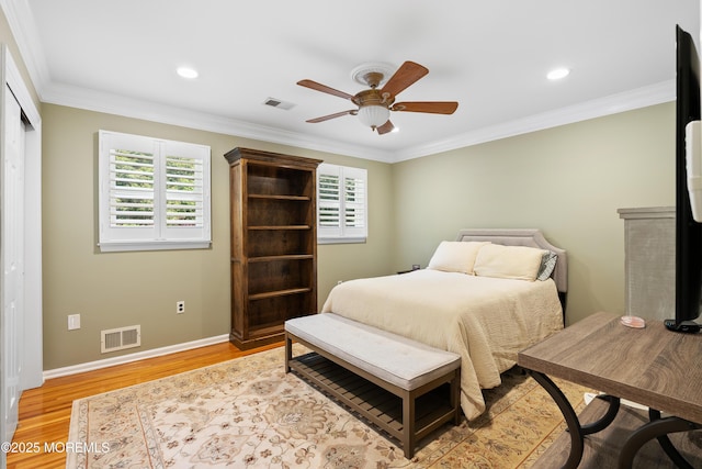7 Lorraine Ct, East Brunswick, NJ 08816 - bedroom featuring multiple windows, light wood finished floors, crown molding, recessed lighting, and ceiling fan